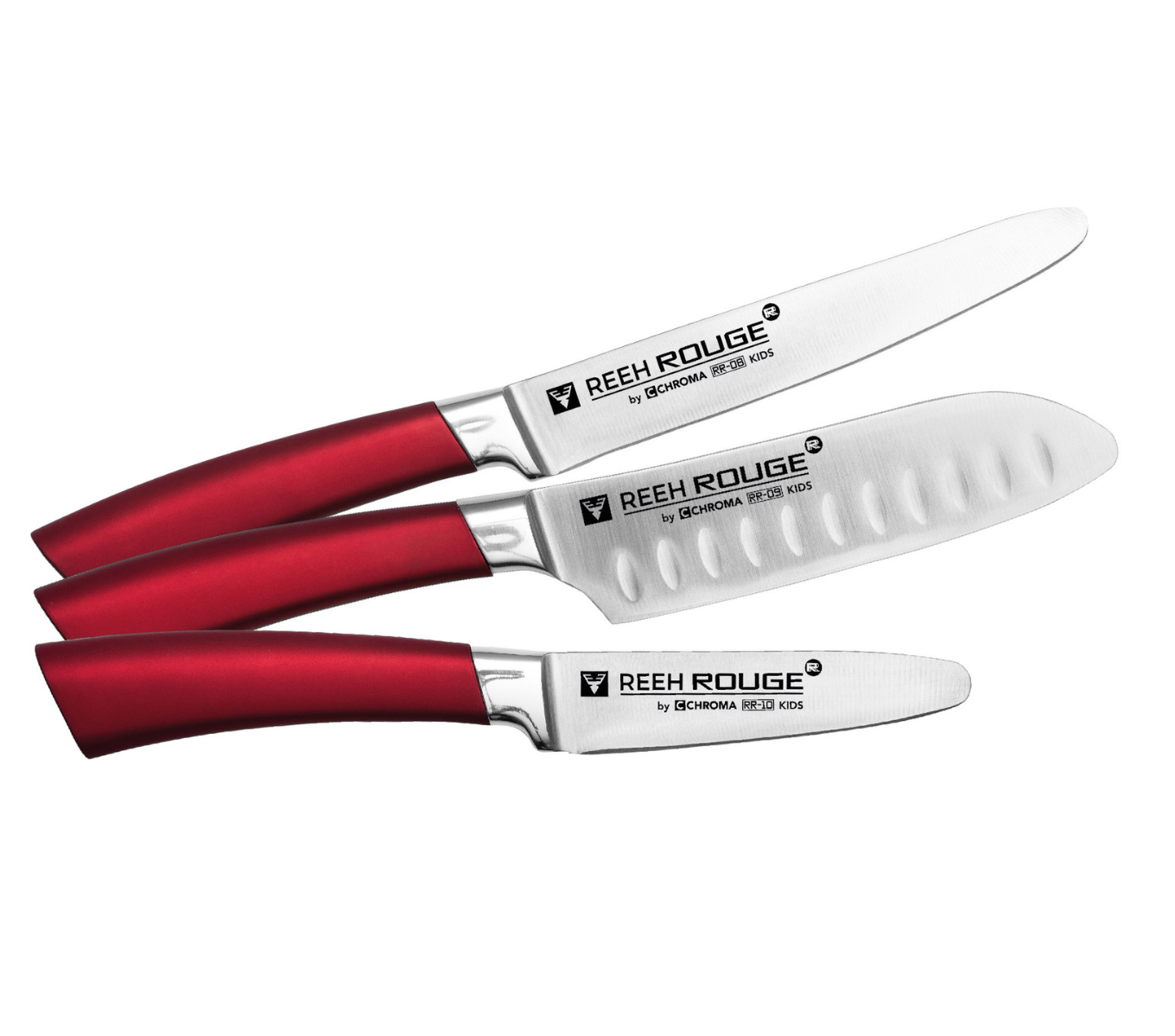 Das 3-teilige Kids-Messerset - Reeh Rouge - drei Varianten für jeden Gebrauch: ein Schälmesser für Obst und Gemüse, das Santoku für Fisch, Kräuter und Gemüse und das Universalmesser als Allzweckmesser für Fleisch, Fisch und Gemüse.